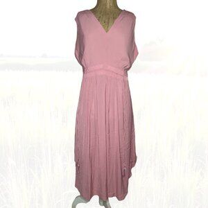 T Tahari Woman 1X Pink Sleeveless Midi Dress V-Neck Waist Tie Boho Flowy Western